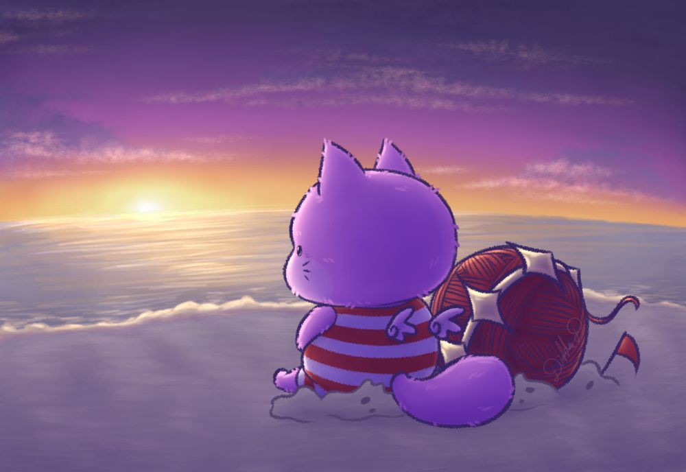 Borgor watching the sunset on the beach with his yarn ball.
He and his yarn ball are sitting on a sand castle he made.