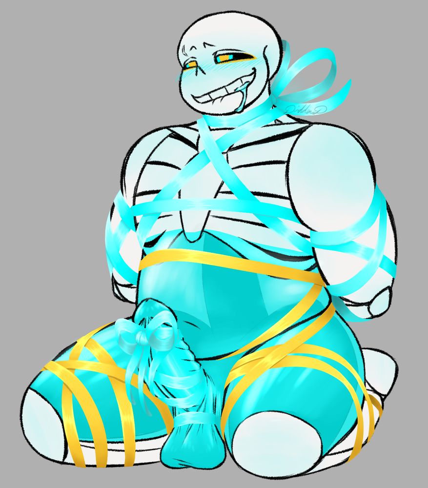 Tou sans, naked aside from the teal and yellow ribbons he's tied up with.