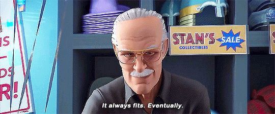 Stan Lee cameo from Spider-Man: Into the Spider-Verse selling a Spider-Man costume to Miles Morales with the caption "It always fits. Eventually." 