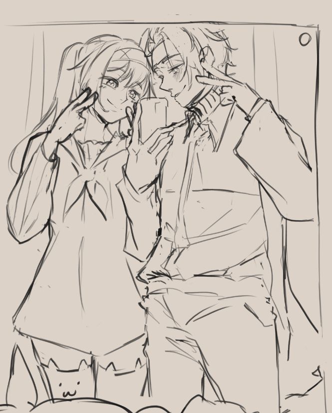 Firefly and Harumasa taking a mirror selfie in alternate outfits