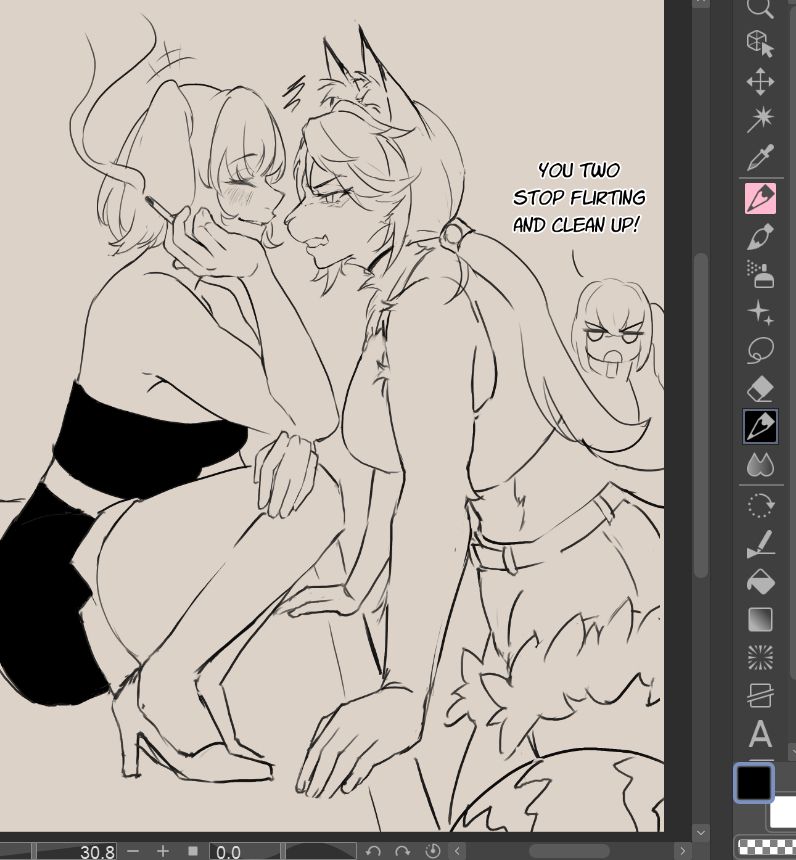 Burnice at a table smiling with a cigarette on hand and Pulchra looking disgruntled in front of her. Lucy at the background chiding them "You two stop flirting and clean up!"