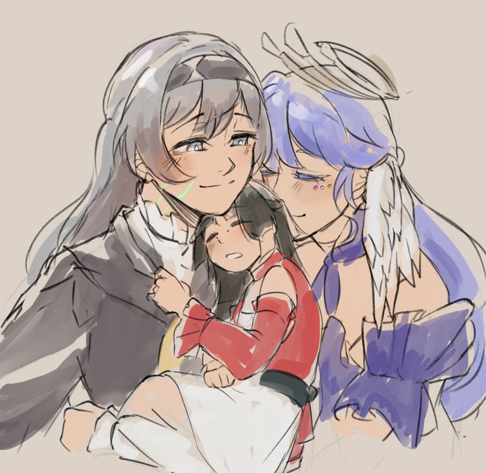 Firefly carrying a sleeping child Astra Yao in her arms while Robin kisses her head