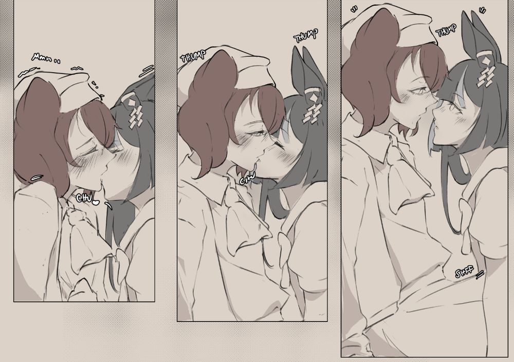 Penelope and Reina sharing a kiss in uma musume au