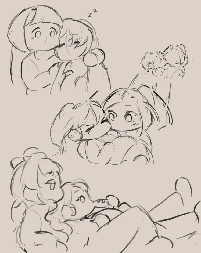 chibi sketches of Penelope, Shura, Gisel and Reina. All of them are about Reina while she's pregnant

in one, Reina is asleep at Penelope's shoulder while she puts a blanket over her shoulder

another, Shura is teleporting Reina while carrying her bridal style

and the last, Reina is laying on top of Gisel, eating bread