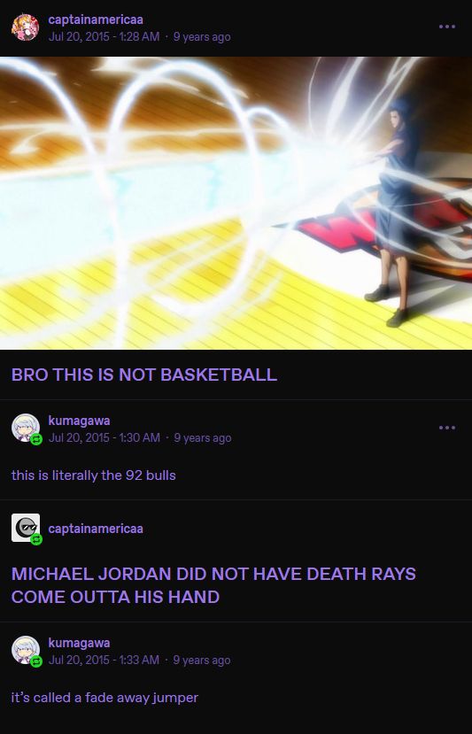 A screencap of Kuroko no Basket with a user saying it's not basketball, followed up by another user confirming that the Bulls team in 1992 actually shot lasers out of his hands and claiming it's a fade away jumper