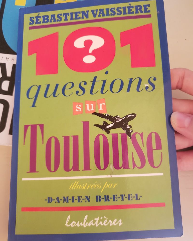 Photo d'un livre intitulé "101 questions sur Toulluse" de Sébastien Vaissière, illustré par Damien Bretel.