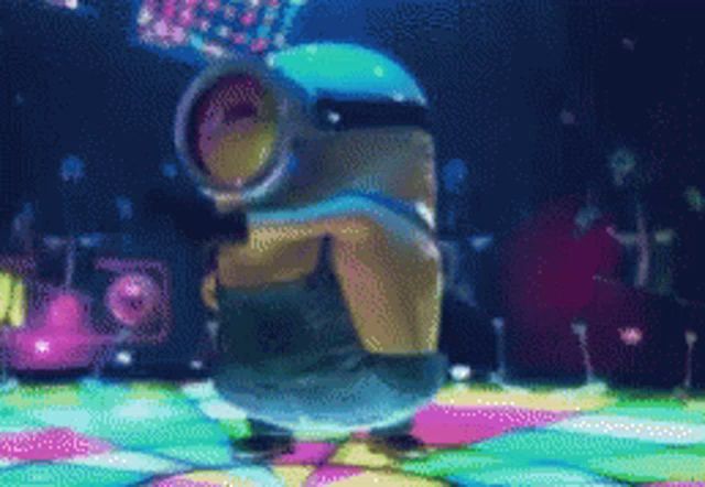 a pixel art of a minion dancing on a dance floor