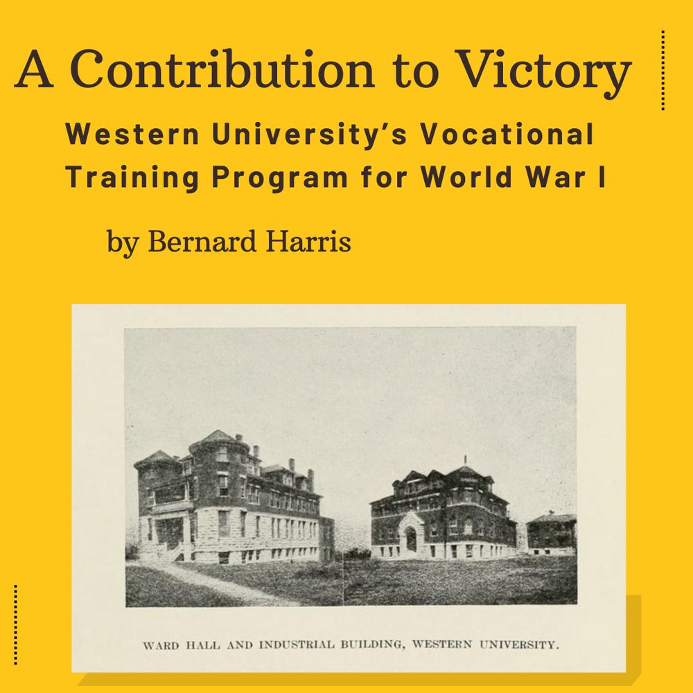 Yellow background with white text announcing the article, and a picture of two buildings at Western University.