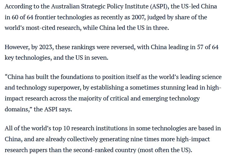 According to the Australian Strategic Policy Institute (ASPI), the US-led China in 60 of 64 frontier technologies as recently as 2007, judged by share of the world’s most-cited research, while China led the US in three.

However, by 2023, these rankings were reversed, with China leading in 57 of 64 key technologies, and the US in seven.

“China has built the foundations to position itself as the world’s leading science and technology superpower, by establishing a sometimes stunning lead in high-impact research across the majority of critical and emerging technology domains,” the ASPI says.
A China shock 2.0 is emerging to rock America
Xi Jinping and China’s catch-up and overtake approach to the technologies of the future
All of the world’s top 10 research institutions in some technologies are based in China, and are already collectively generating nine times more high-impact research papers than the second-ranked country (most often the US).