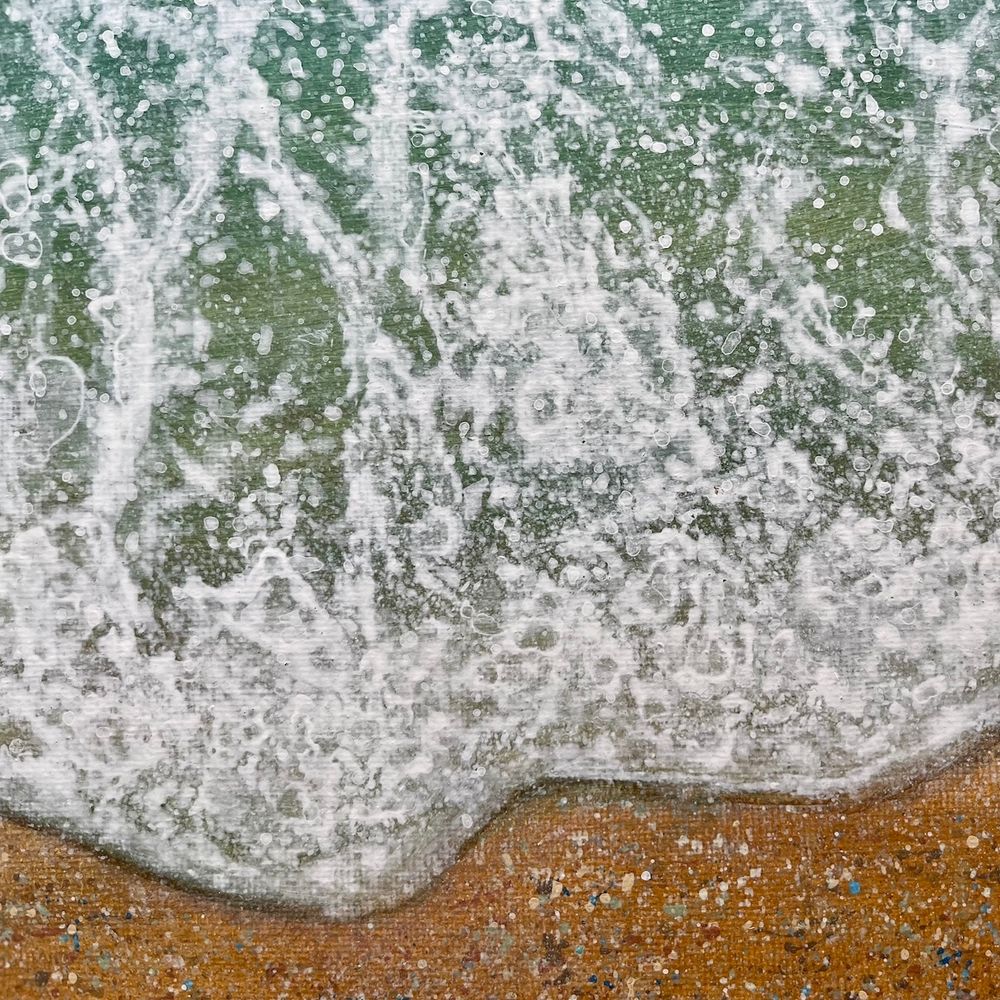 An acrylic painting of foamy water breaking on the shoreline.