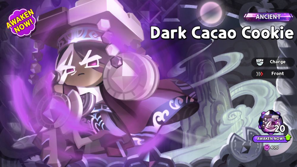 a screenshot of the game cookie run showing a pull of Dark Cacao Cookie in his awakened form