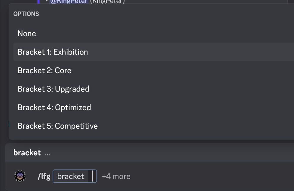 Shows running the /lfg command in Discord and the list of commander brackets to choose from.