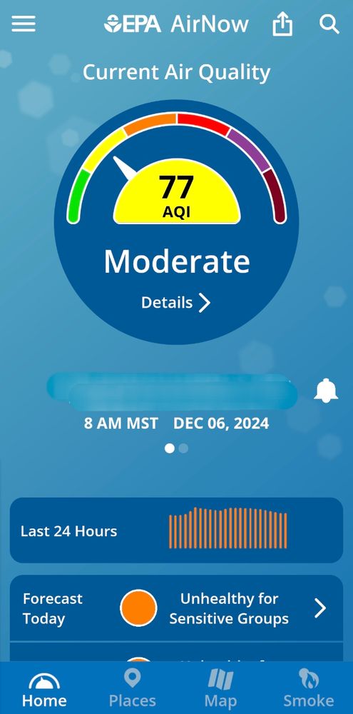 The picture shows a screenshot of the EPA Air now app with data for the day of December 4th, 2024. The current air quality displayed is 77 AQI. The past twenty four hour record is orange – "unhealthy for sensitive groups." The daily forecast is orange – unhealthy for sensitive groups.