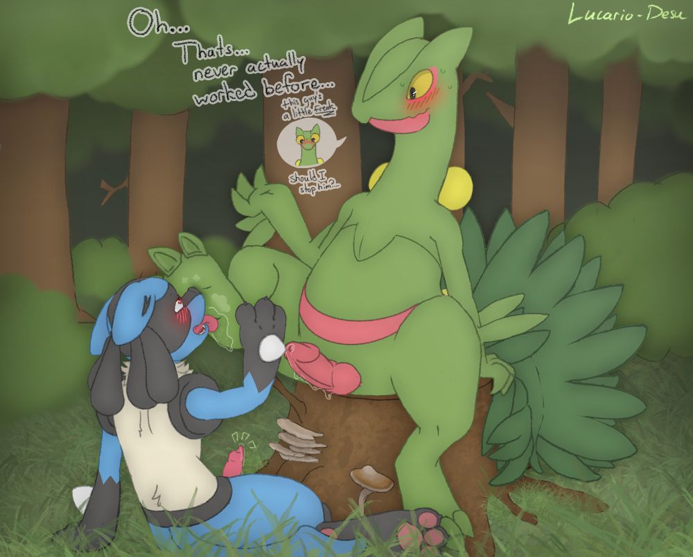 A Sceptile sitting on a tree stump blushing in surprise as the Lucario actually goes through with worshiping his foot