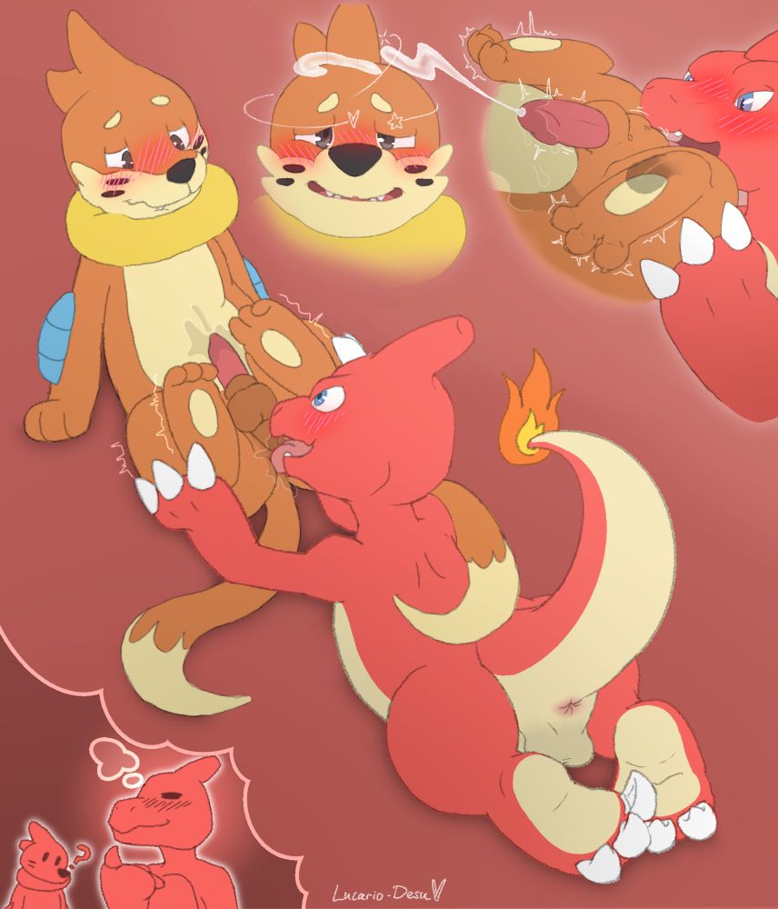 A Charmeleon fantasizing about rimming his Buizel friend, who cums hands free from it