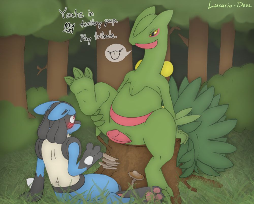 A Sceptile sitting on a tree stump expectantly waiting for some attention to his foot from a passing Lucario