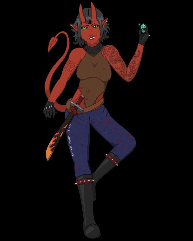 A tiefling rogue standing/leaning smiling and holding a shiny diamond in her hand