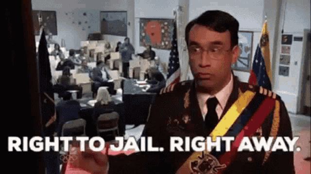Fred Armisen from 'Portlandia' in the costume of a dictator, saying "Right to jail. Right away."