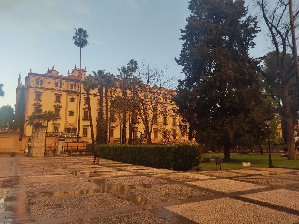 Photo from the left entrance of the Main Hall of the University of Seville. The sunset light hit the right wall of the Alfonso XIII Hotel.