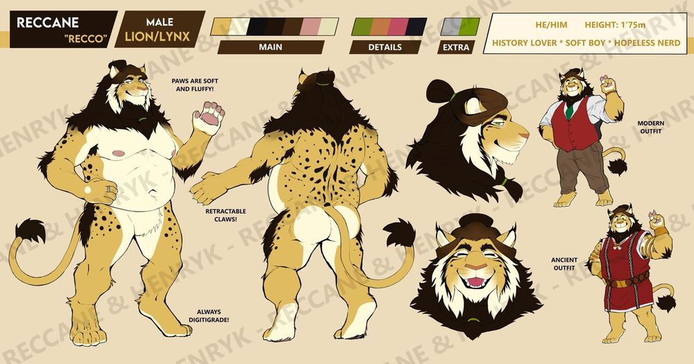 A reference sheet of a anthro lion-lynx character property of Reccane and made by artist HenryK and edits from Reccane.