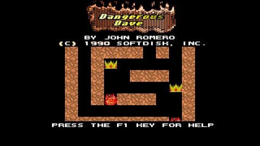The title screen for the 1990 video game Dangerous Dave. A logo on the top says Dangerous Dave. Below it, text reads in all caps "By John Romero (c) 1990 Softdisk, INC." the center of the screen is a maze, with two crowns and two balls of fire scattered throughout. Text below the maze reads in all caps "Press the F1 key for help"