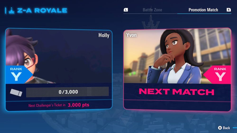 A screenshot of a title card match in Pokemon Legends ZA. On the right is the name Holly, with a banner coming in from the siding saying Rank Y. Her photo is tilted and blurred, and most of her face is covered by the Rank Y banner. 

On the right hand side we have a photo of a Pokemon trainer, well dressed and centered. This trainer also has a banner saying Rank Y.