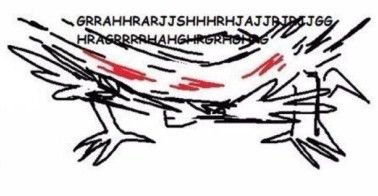 A drawing of something shaking its head violently from side to side with screaming above it