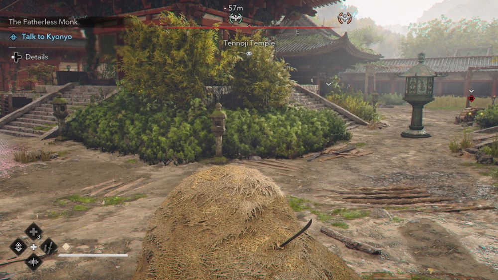 A screenshot of the game Assassin's Creed:Shadows. The focus is a haystack in the center of the screen, with a long blade sticking out of it. 