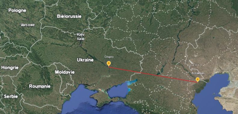 Capture Google Earth montrant Dnipro et Astrakhan.