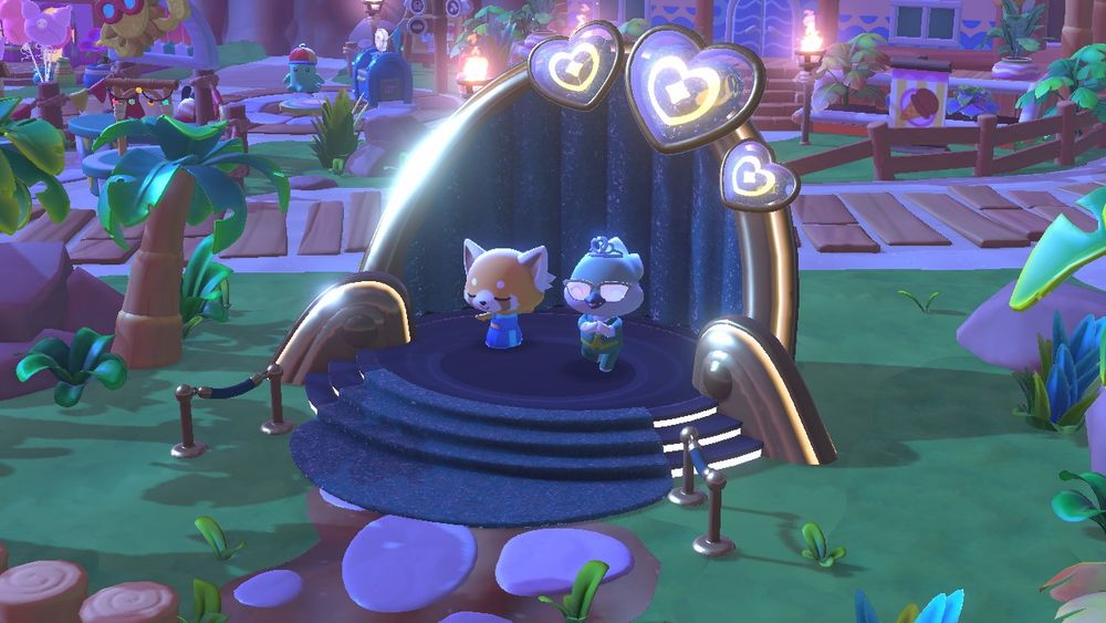 my avatar with Retsuko atop the Friendship Festival podium doing yoga poses together