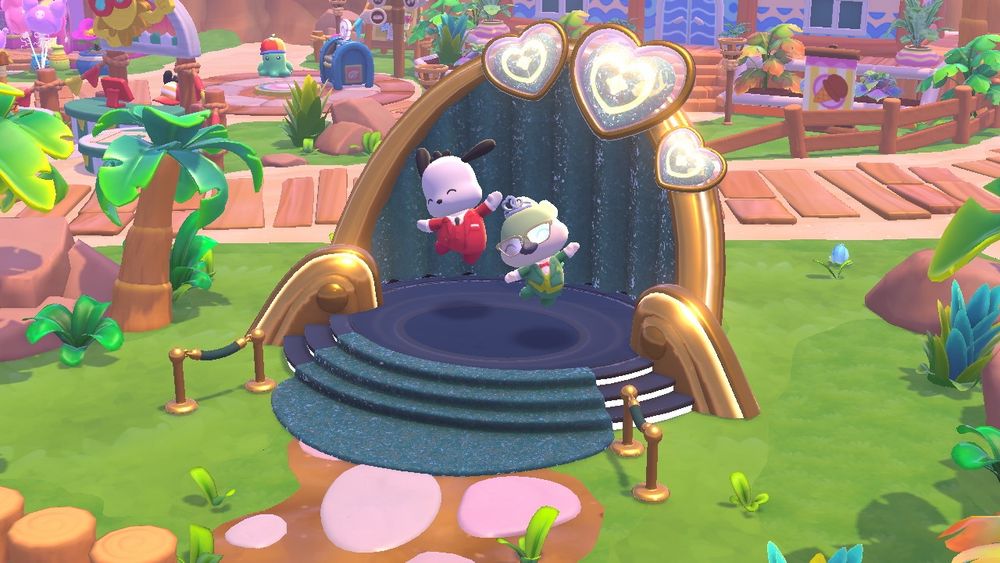 my avatar with Pochacco atop the Friendship Festival podium leaping with joy together
