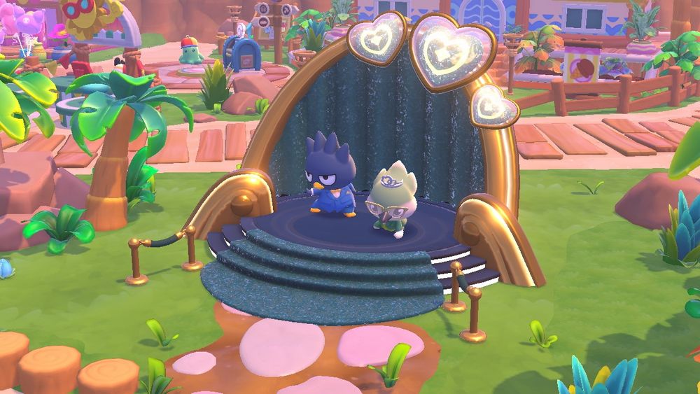 A screenshot of my avatar and Badtz Maru both in formal wear and doing an action pose atop the friendship podium