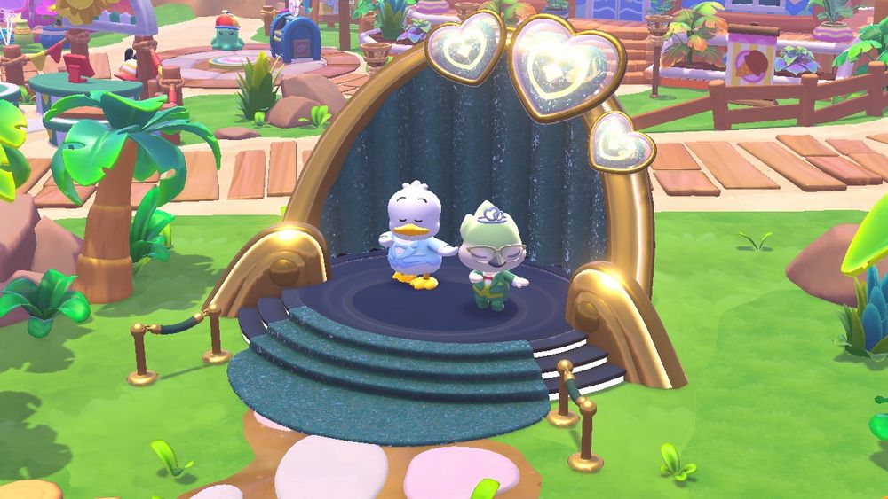 my avatar with Pekkle atop the Friendship Festival podium doing a hula together