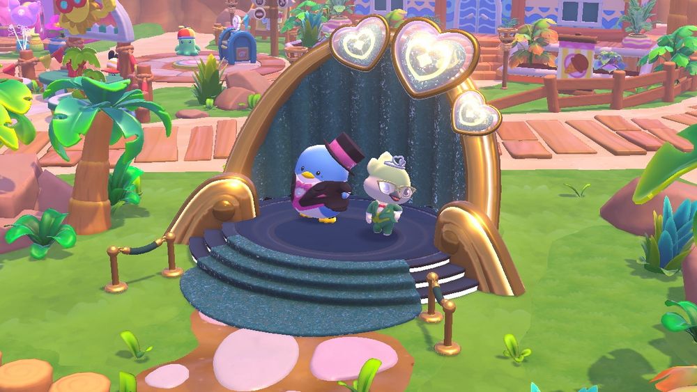 A screenshot of my avatar and Tuxedo Sam both in formal wear and doing a fashion pose atop the friendship podium