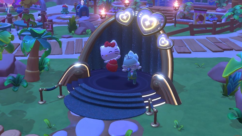 my avatar with Hello Kitty atop the Friendship Festival podium leaping in joy together