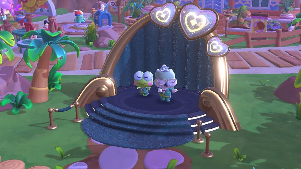 A screenshot of my avatar and Keroppi both in formal wear and doing a hula dance atop the friendship podium