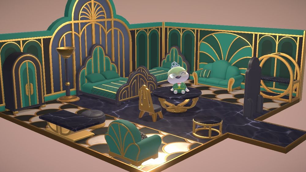 A screenshot of my Hello Kitty Island Adventure avatar sat on a table in the middle of a room full of furniture with teal, gold, black, and white colors.