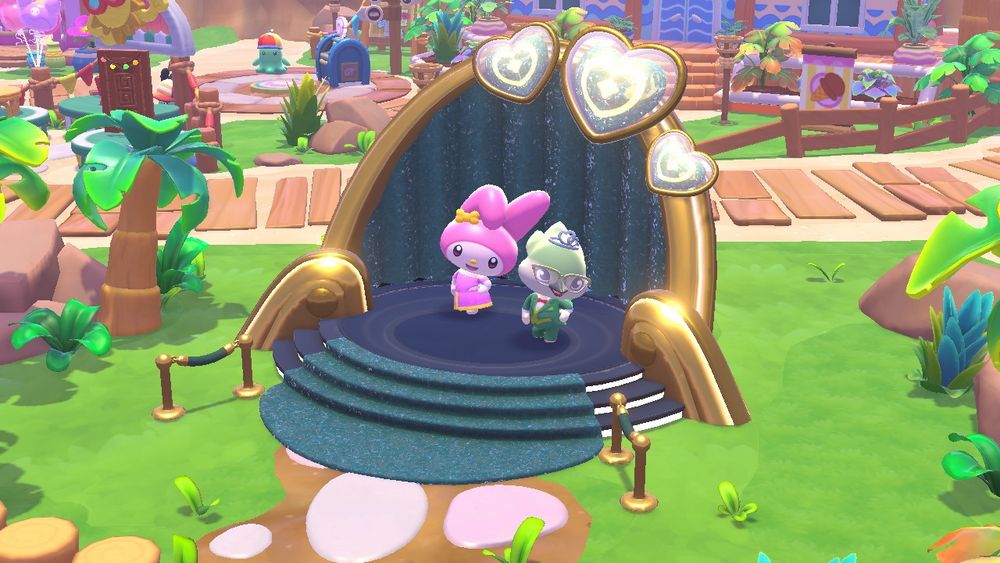 A screenshot of my avatar and My Melody both in formal wear and doing a fashion pose atop the friendship podium