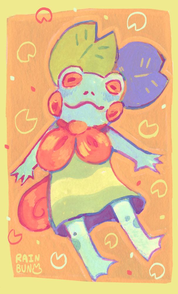 A frog character painted in gouache for an artfight attack