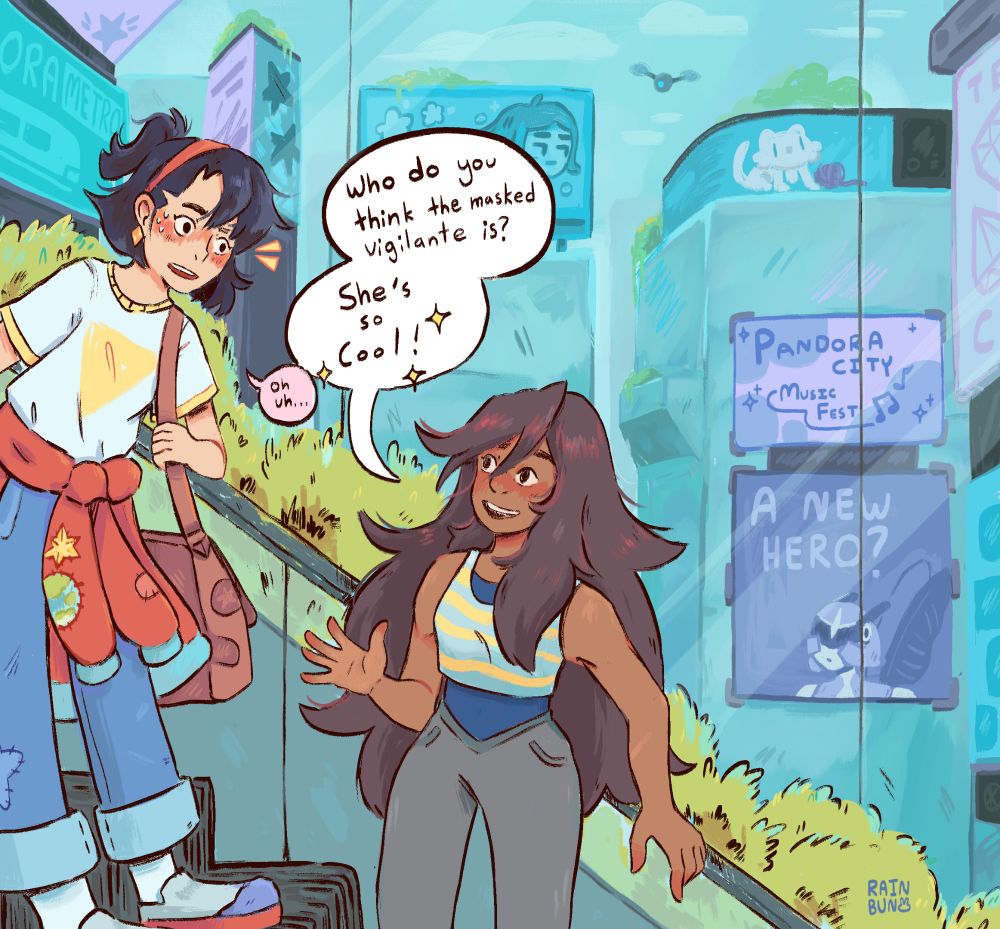 Another Artfight attack with two characters on an escalator