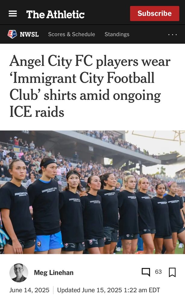 Members of a women’s soccer team are lined up wearing tshirts that say “Immigrant City Football Club”