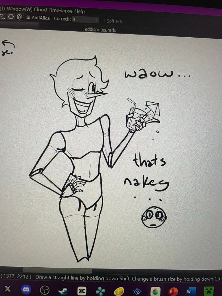 an earlier version of the drawing above. eos does not yet have any clothes on. don't worry, they're basically a monster high doll. no real indecency to speak of.
written next to them are the words, "waow... that's nakeg..." followed by a crudely drawn blushing emoji. 😳 