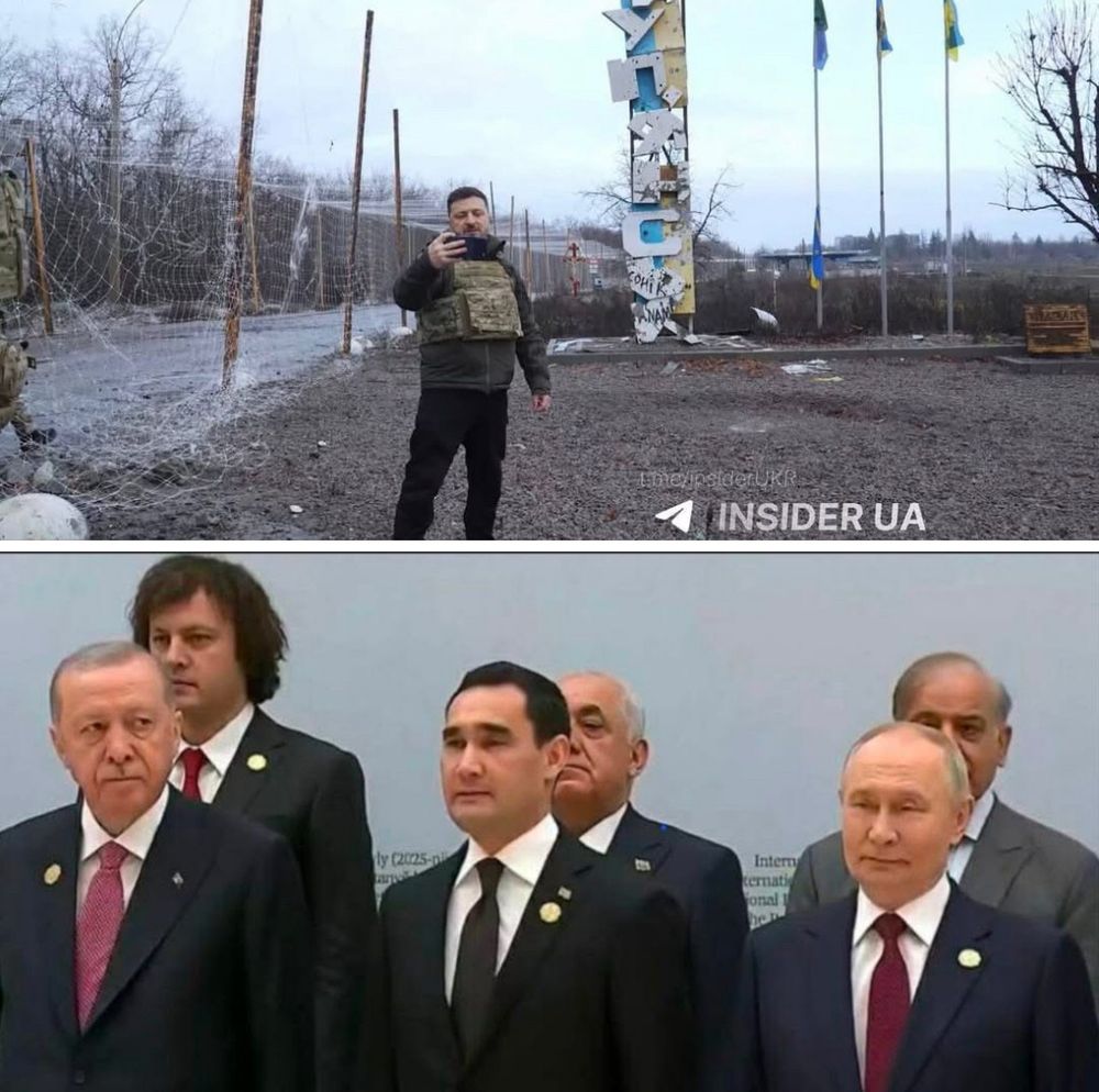 Illegitimate prime minister of Georgia stands with Putin on fake "peace summit" in Turkmenistan while Zelensky visits Kupyansk, literal frontline of fight against russian genocidal empire.