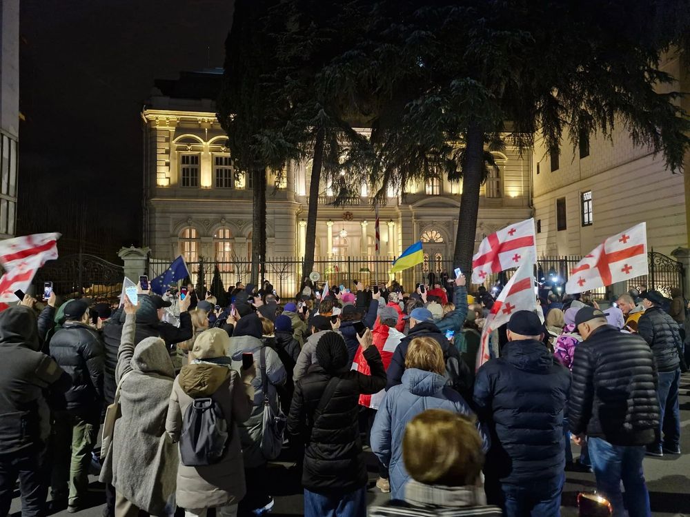 Protesters in Tbilisi, Georgia, gathered near the president office of illegitimate president elected by GD via dictatorious procedure without people vote. People protesting against draconian law forbidding the protest gathering not only on roads but also on sidewalks.