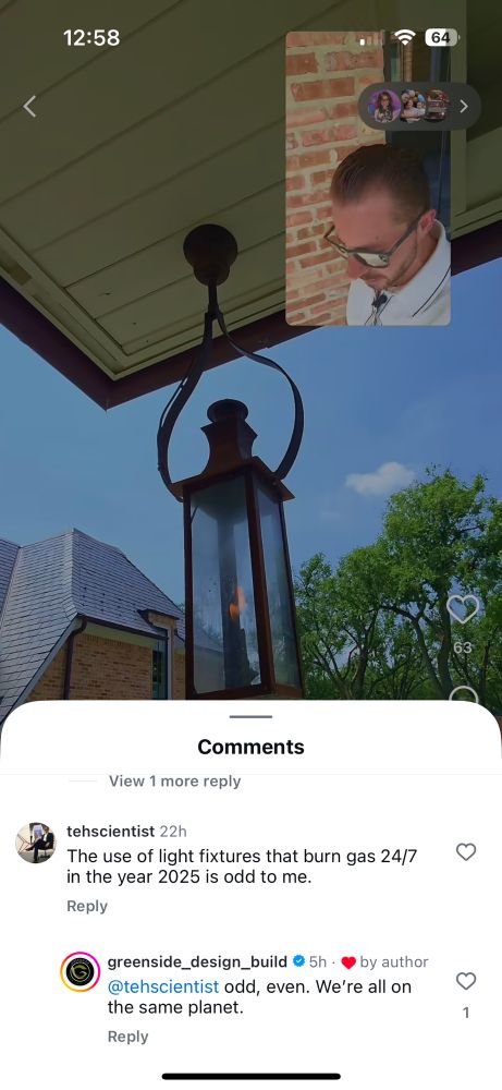 Screenshot from video on instagram showing gas burning light fixtures. 