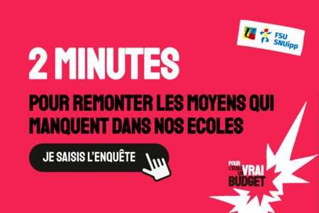Effectifs, moyens pour l'inclusion, RASED... Les personnels des écoles sont appelés à compléter une enquête flash de 2 minutes pour remonter au syndicats les moyens qui manquent en cette rentrée 2025. 
L'enquête est par ici 👉https://41.snuipp.fr/article/comment-ca-se-passe-dans-ton-ecole