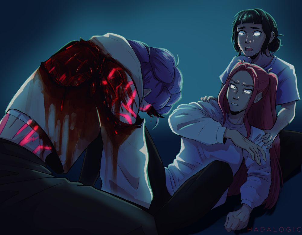 Kpop Demon Hunters fanart depicting Huntrix in a dark blue setting. A pale light shines overhead. Rumi, who's closest to the camera, has a massive bloody wound on her back. Her white hoodie is torn, revealing her demon patterns, which are glowing an angry pink. Blood streaks down her clothing and body. Mira and Zoey are further from the camera. Mira is laying on her back with her arm up in a defensive position, eyes wide and glassy with shock. Zoey kneels behind her, hands gripping her shoulders. Her eyes are wide with tears running down her cheeks.