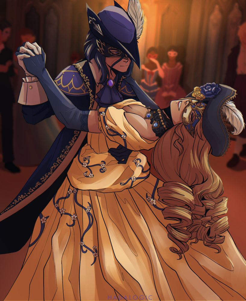 Clorinde and Navia from Genshin Impact dancing together at a masquerade ball. Clorinde is wearing a blue suit with gold detailing. Her mask looks like that of a raven with gold linings on the feathers. Navia is wearing a large golden ball gown with blue and white flowers decorating. Her mask is gold, white, and blue, with a large hat attached to it.