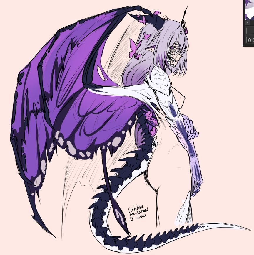 A sketch of Castorice from Honkai Star Rail with draconic features. On her back are dragon wings with a purple butterfly pattern. Her tail has white scales with dark vertebrae along the middle. Her arms are covered in white and purple scales, and there are dark silhouettes where her bones would be. Her face is covered with white scales, and her cheek is seemingly rotted, with the inside of her mouth visible