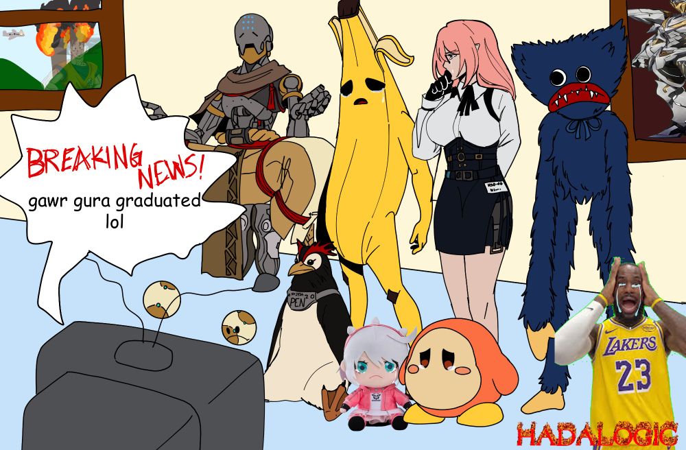 A random collection of characters stand in front of a TV in a sparsely decorated room. The TV announces "BREAKING NEWS! Gawr Gura graduated lol." The characters, from left to right, are Zenyatta from overwatch, Peely from Fortnite, Tsukishiro Yanagi from Zenless Zone Zero, and Huggy Wuggy from Poppy's playtime. In front of them, from left to right, are Pen Pen from Evangelion, a PNG of a plush of Ephelt from guilty gear, a waddle dee from Kirby, and a PNG of LeBron James.
